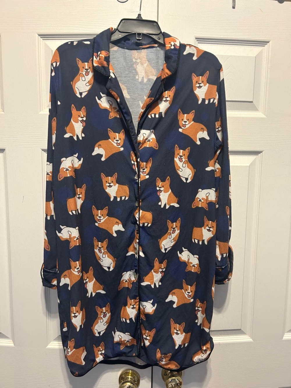 Navy Corgi Print Button-Up Pajama Shirt